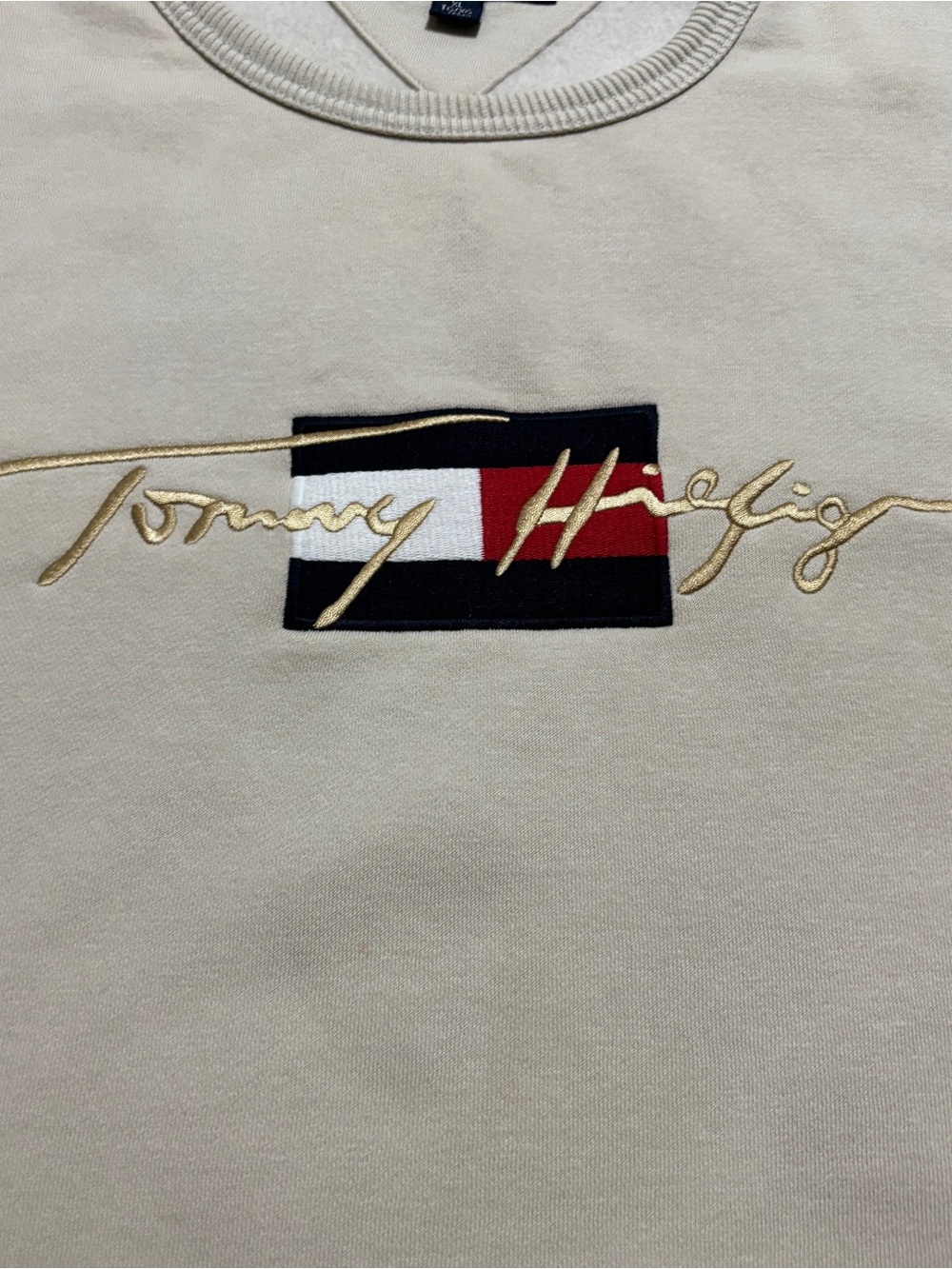 Tommy Hilfiger Men’s Embroidered Signature Flag Crewneck Sweatshirt Beige XL - Picture 5 of 11
